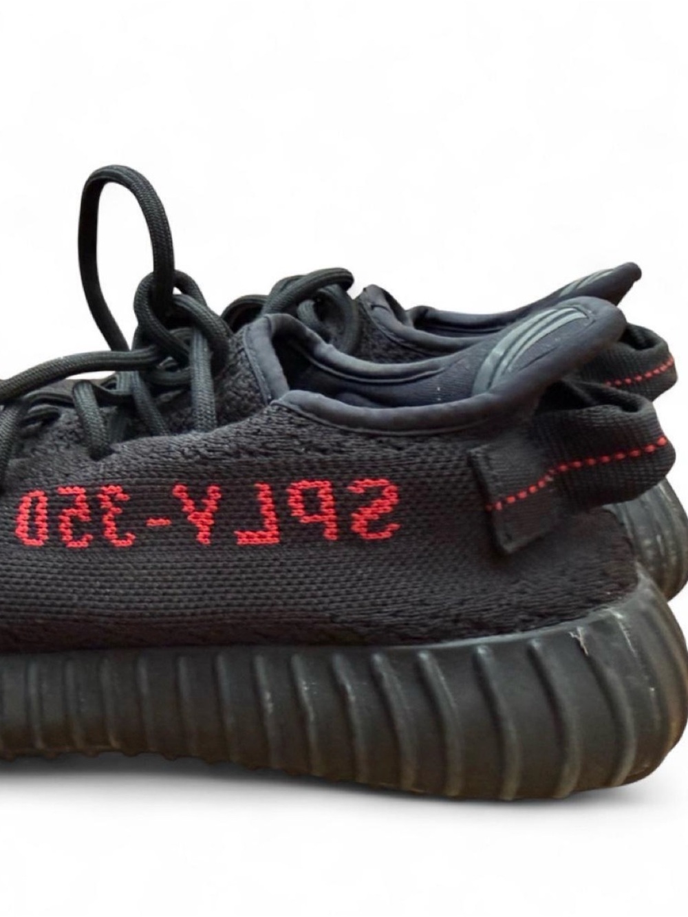 YEEZY BOOST 350 V2 Bred CP9652 -  Black Knit Athletic Shoes with Red Accent